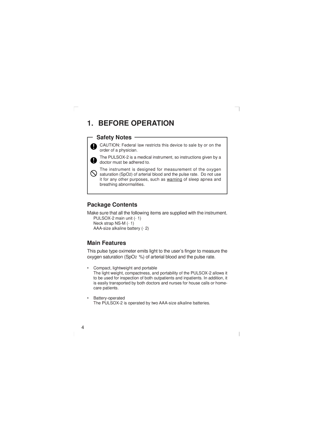 Minolta Pulsox-2 instruction manual Before Operation, Safety Notes 