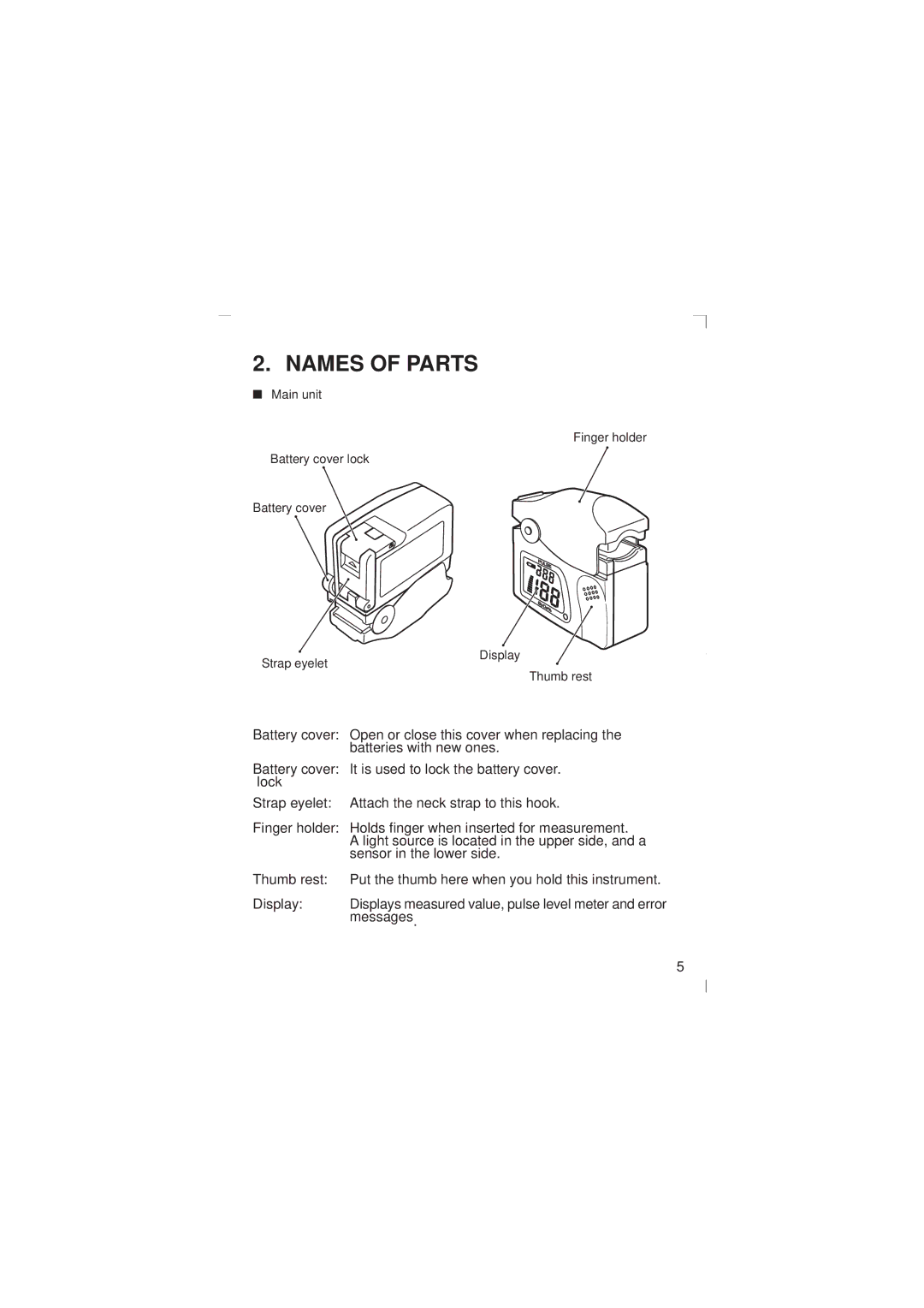 Minolta Pulsox-2 instruction manual Names of Parts, Messages 