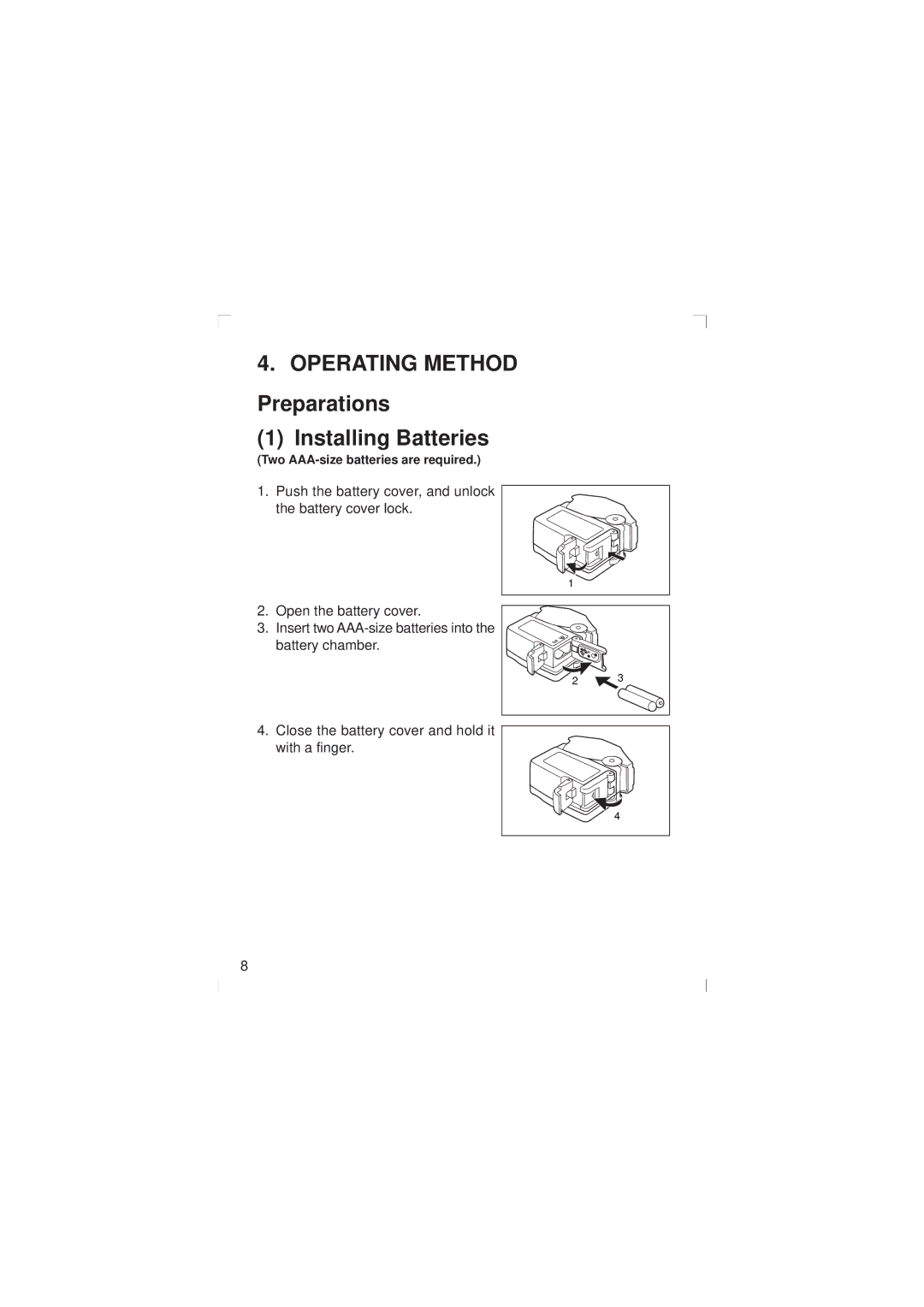 Minolta Pulsox-2 instruction manual Operating Method, Preparations Installing Batteries 