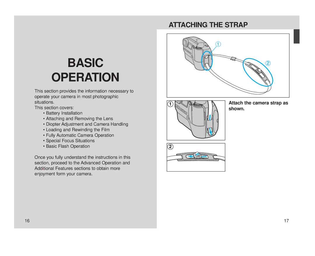 Minolta S-100, Minolta Vectis instruction manual Attaching the Strap, Shown, Attach the camera strap as 