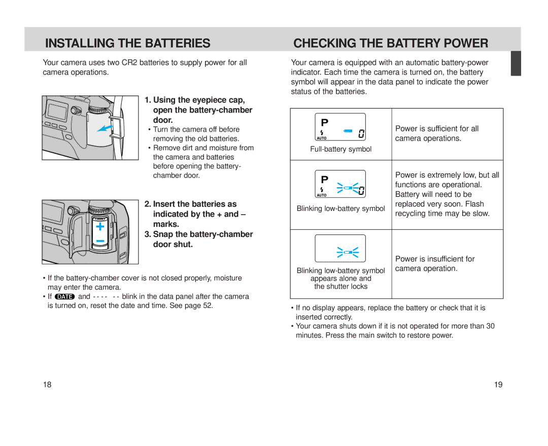 Minolta Minolta Vectis, S-100 Installing the Batteries, Checking the Battery Power, Snap the battery-chamber door shut 