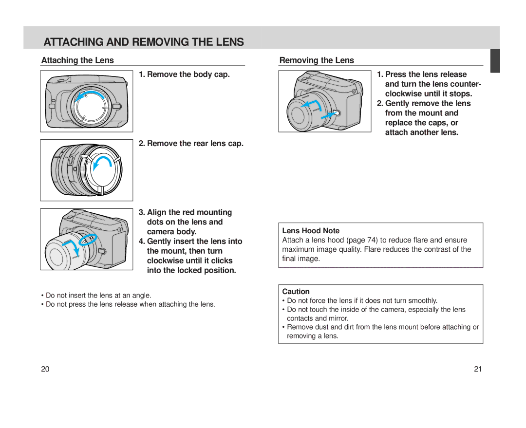 Minolta S-100, Minolta Vectis instruction manual Removing the Lens, Lens Hood Note 