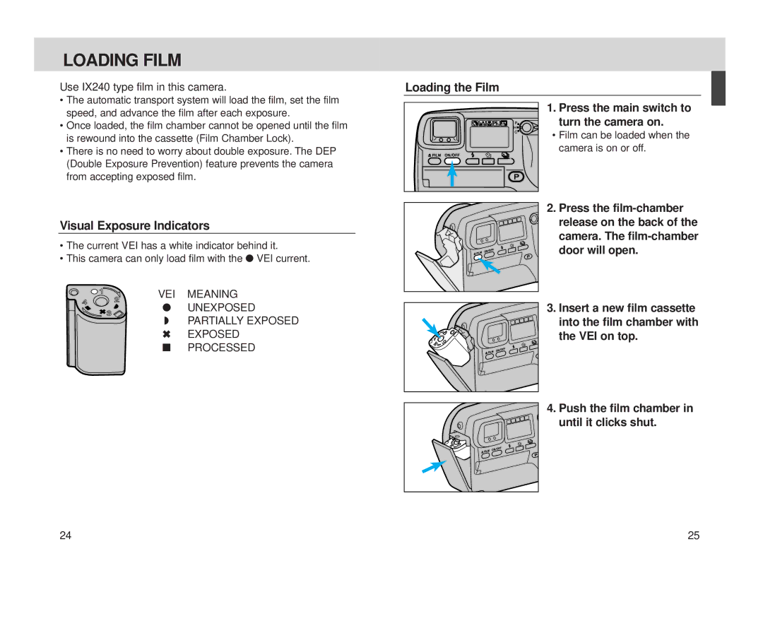 Minolta S-100, Minolta Vectis Loading Film, Visual Exposure Indicators, Push the film chamber in until it clicks shut 