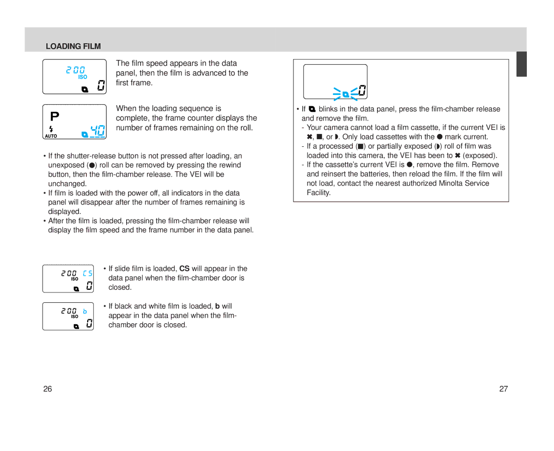 Minolta Minolta Vectis, S-100 instruction manual Loading Film 