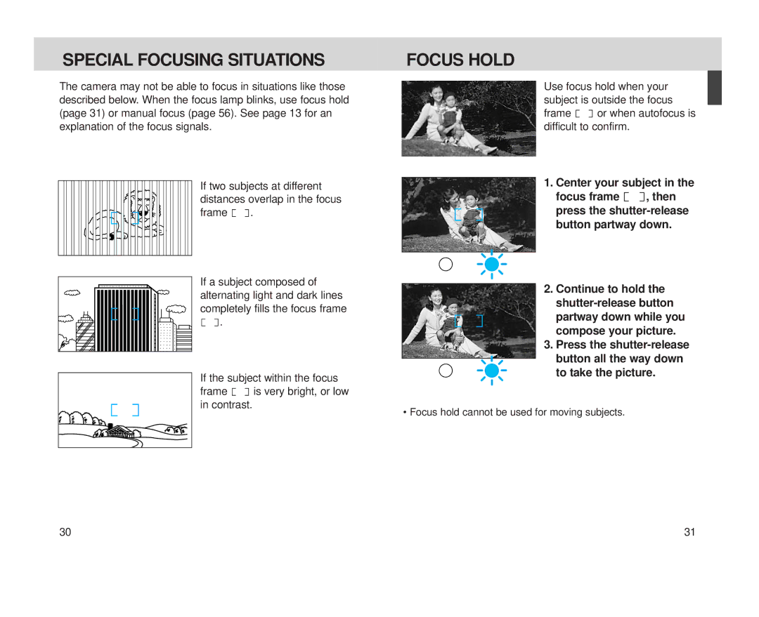 Minolta Minolta Vectis, S-100 instruction manual Special Focusing Situations, Focus Hold, Press the shutter-release 