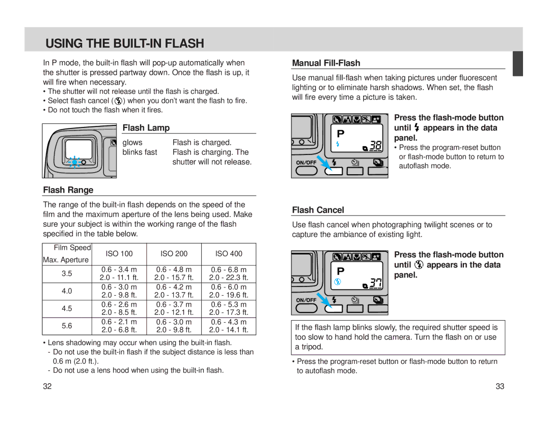 Minolta S-100, Minolta Vectis instruction manual Using the BUILT-IN Flash 