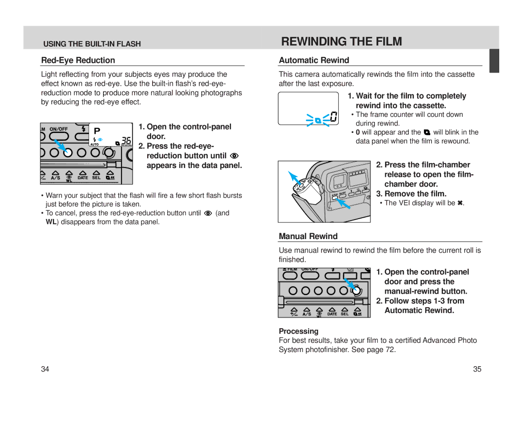 Minolta Minolta Vectis, S-100 instruction manual Rewinding the Film 