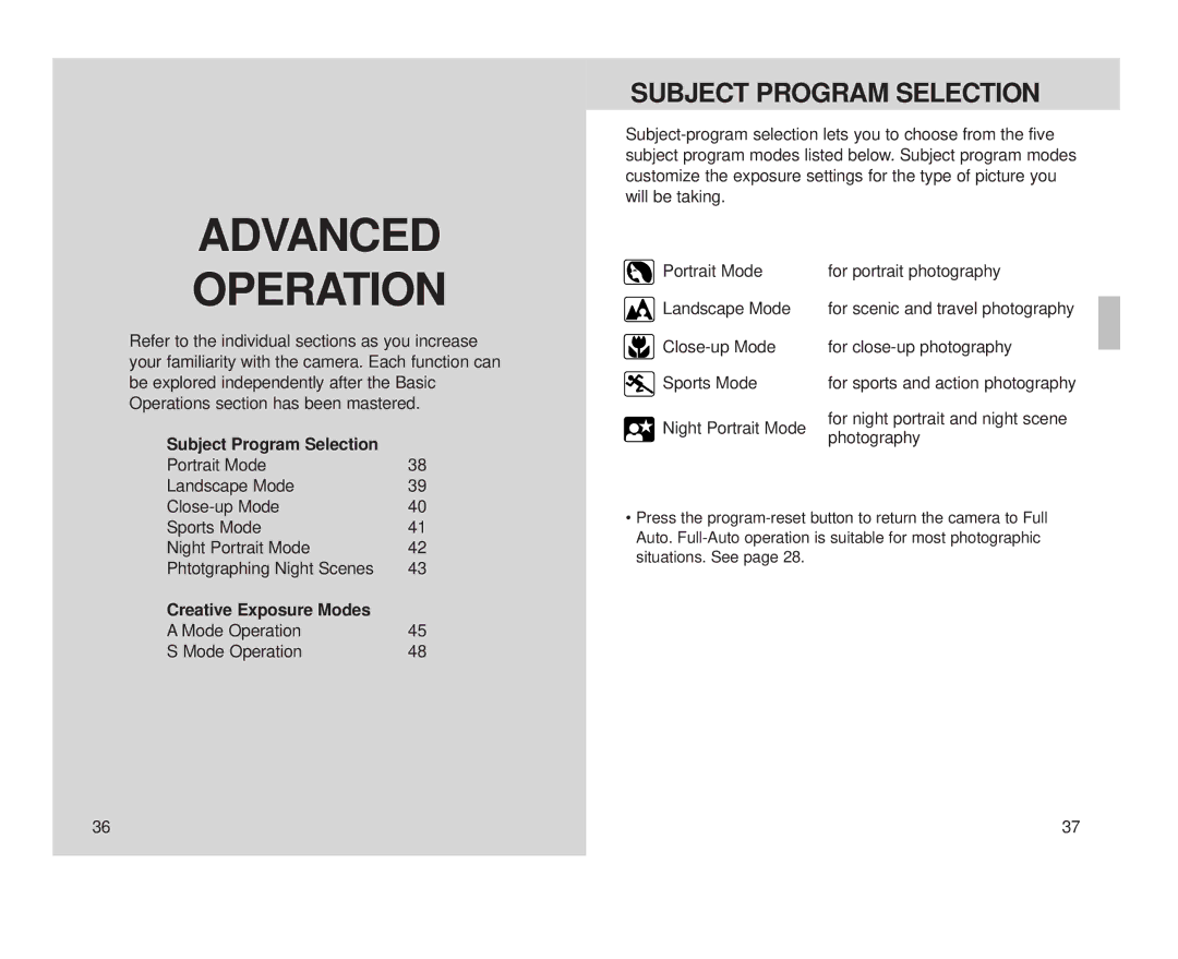 Minolta S-100, Minolta Vectis instruction manual Subject Program Selection, Creative Exposure Modes, Mode Operation 