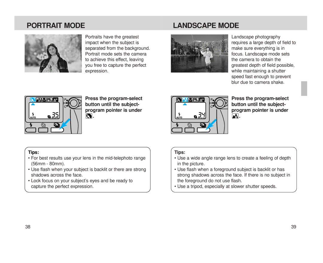 Minolta Minolta Vectis, S-100 instruction manual Portrait Mode, Landscape Mode, Program pointer is under, Tips 
