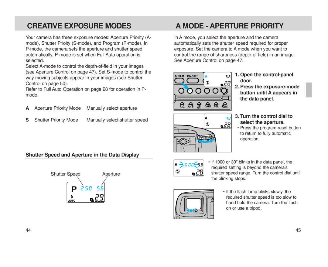 Minolta S-100 Creative Exposure Modes, Mode Aperture Priority, Shutter Speed and Aperture in the Data Display 