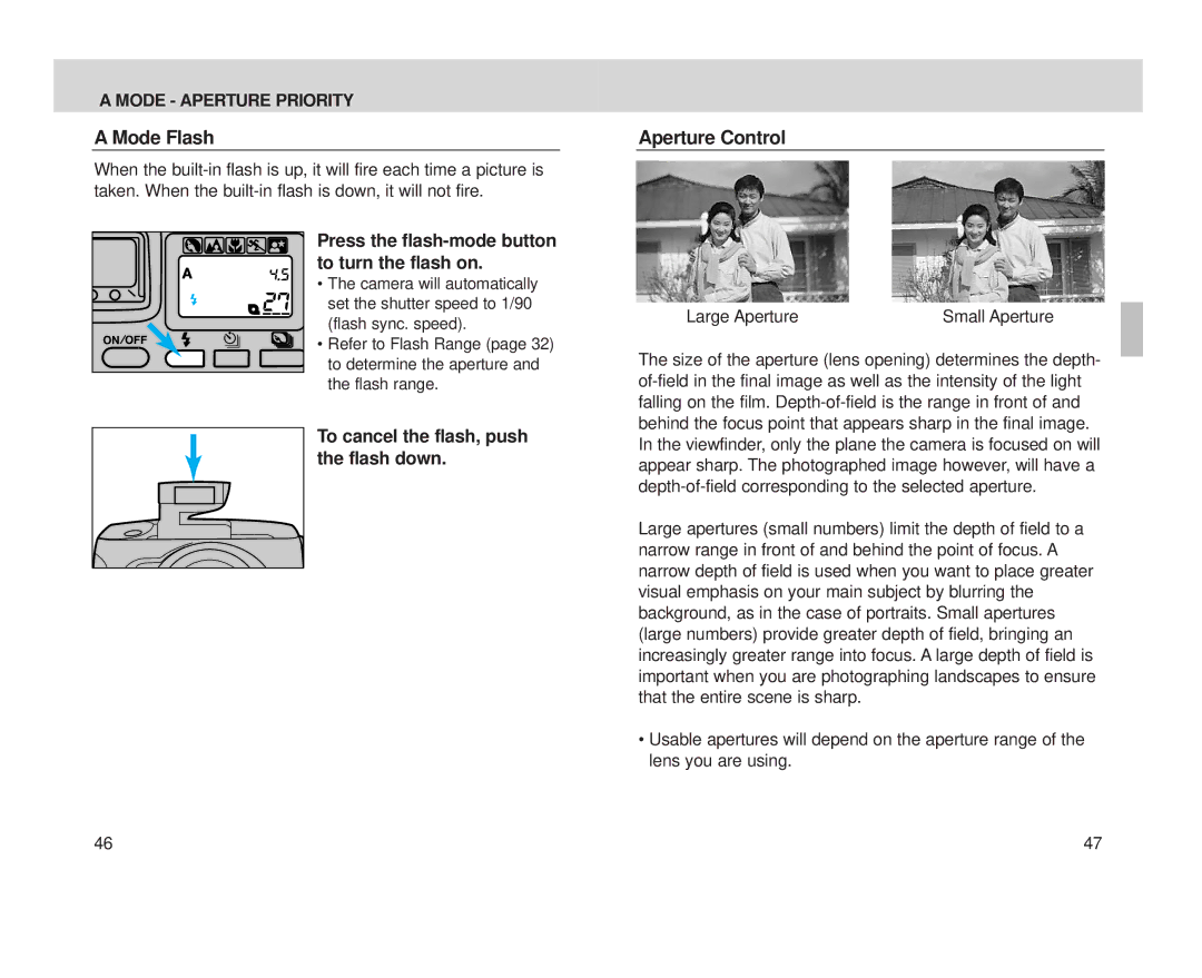 Minolta Minolta Vectis, S-100 Mode Flash, Press the flash-mode button to turn the flash on, Large Aperture 