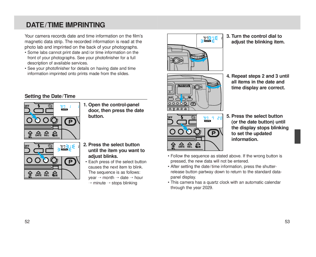 Minolta S-100, Minolta Vectis instruction manual DATE/TIME Imprinting 