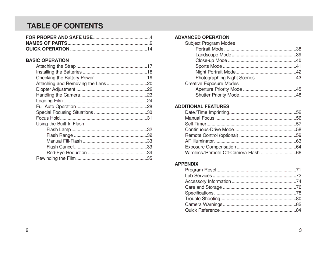 Minolta Minolta Vectis, S-100 instruction manual Table of Contents 