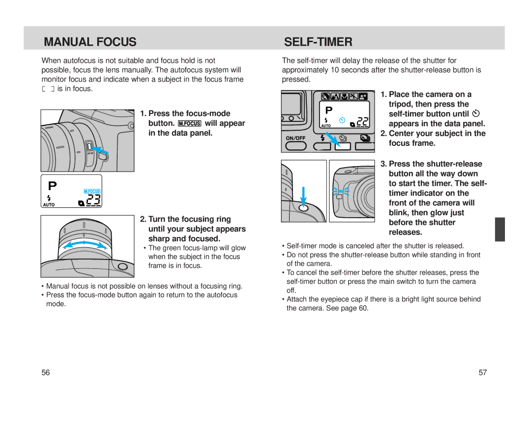 Minolta S-100, Minolta Vectis instruction manual Manual Focus, Self-Timer, Press the focus-mode 