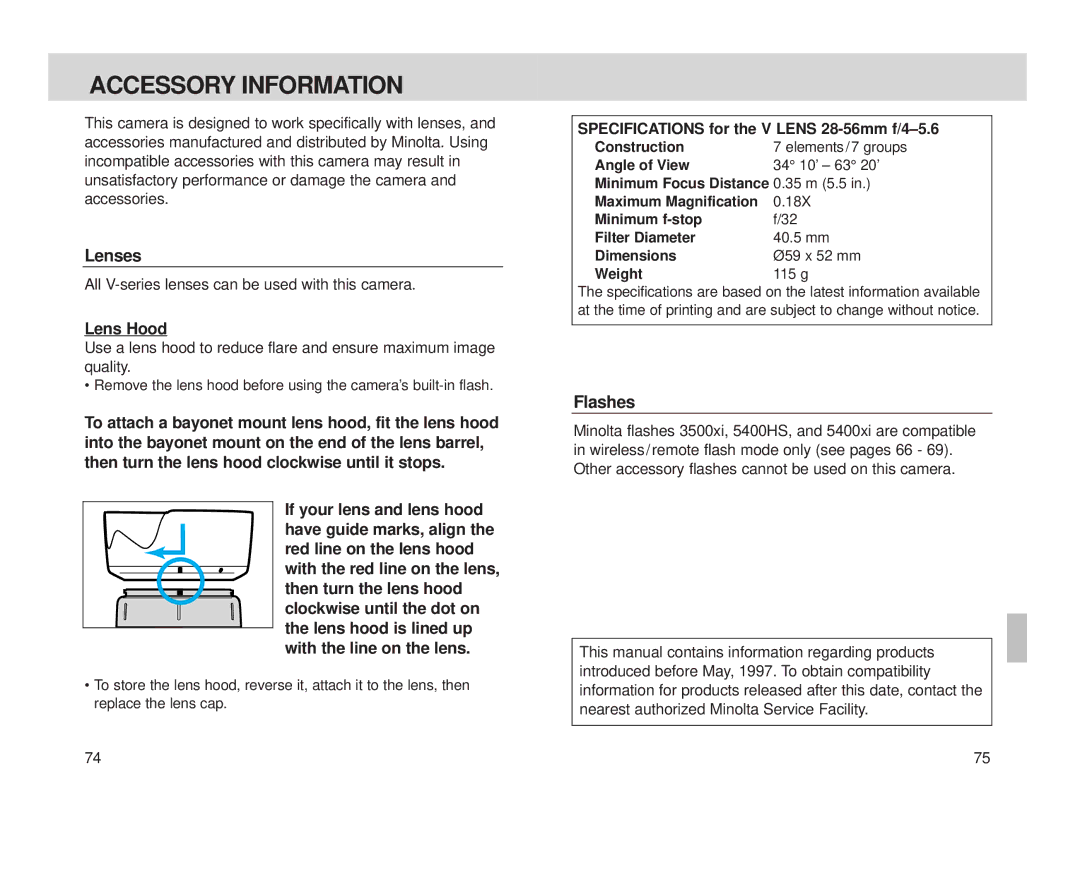 Minolta Minolta Vectis Accessory Information, Lenses, Lens Hood, Flashes, Specifications for the V Lens 28-56mm f/4-5.6 