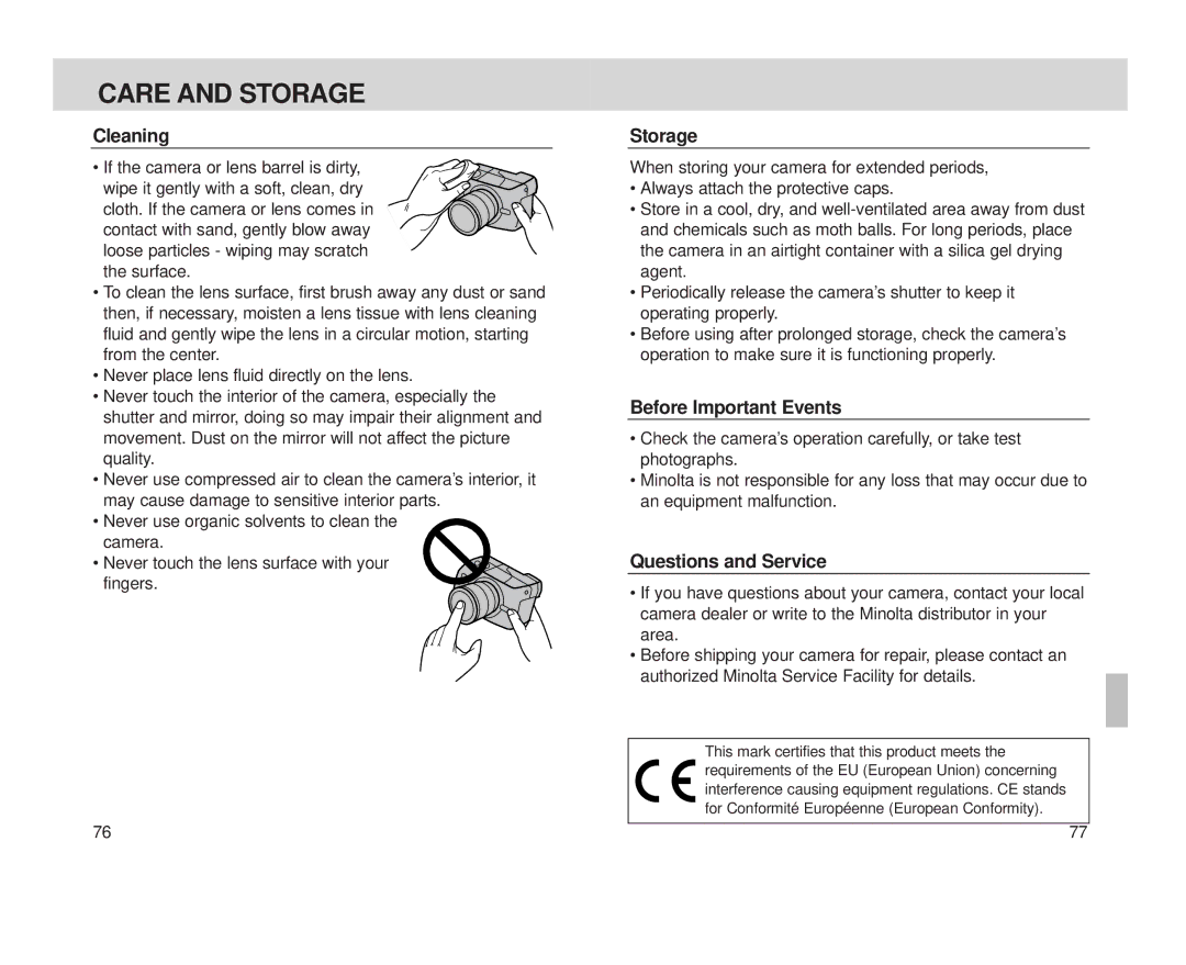 Minolta S-100, Minolta Vectis instruction manual Care and Storage, Cleaning, Before Important Events, Questions and Service 