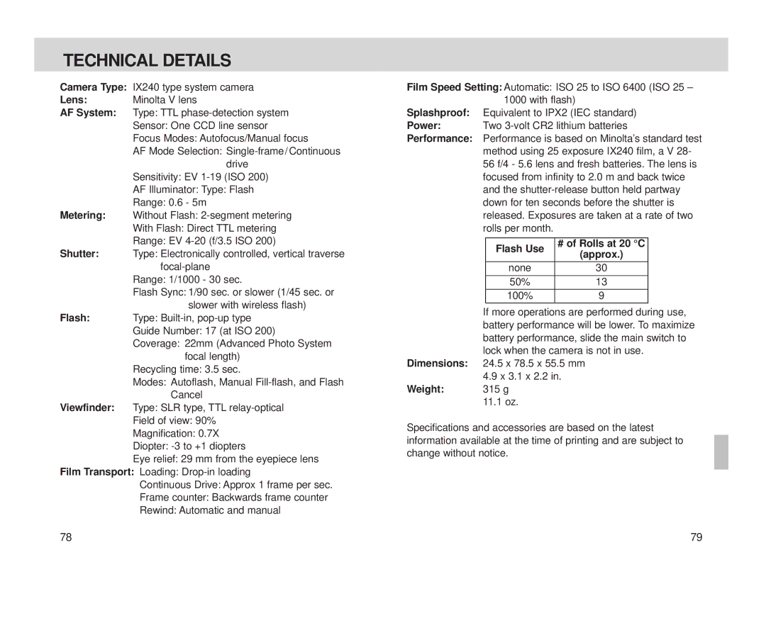 Minolta Minolta Vectis, S-100 instruction manual Technical Details, AF System 