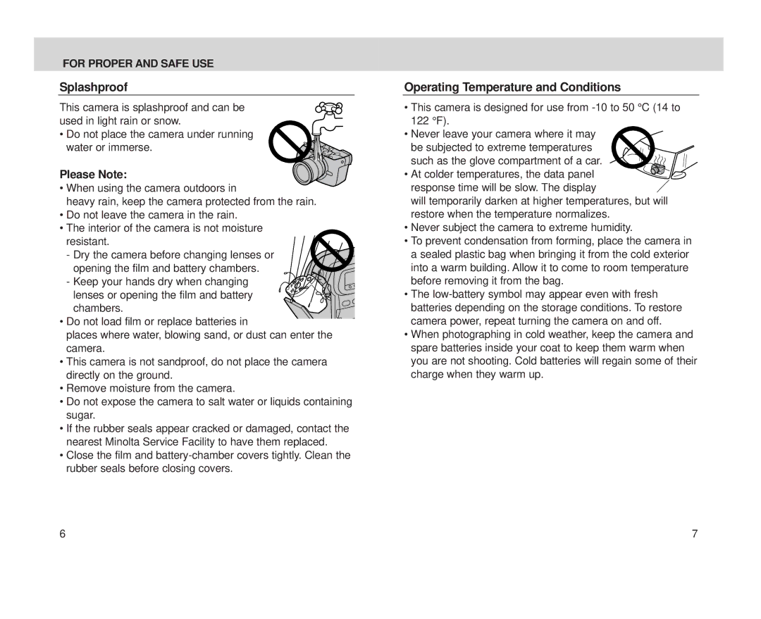 Minolta Minolta Vectis, S-100 instruction manual Splashproof, Please Note, Operating Temperature and Conditions 