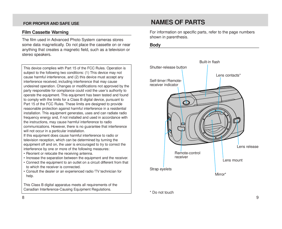 Minolta S-100, Minolta Vectis instruction manual Names of Parts, Film Cassette Warning, Body 