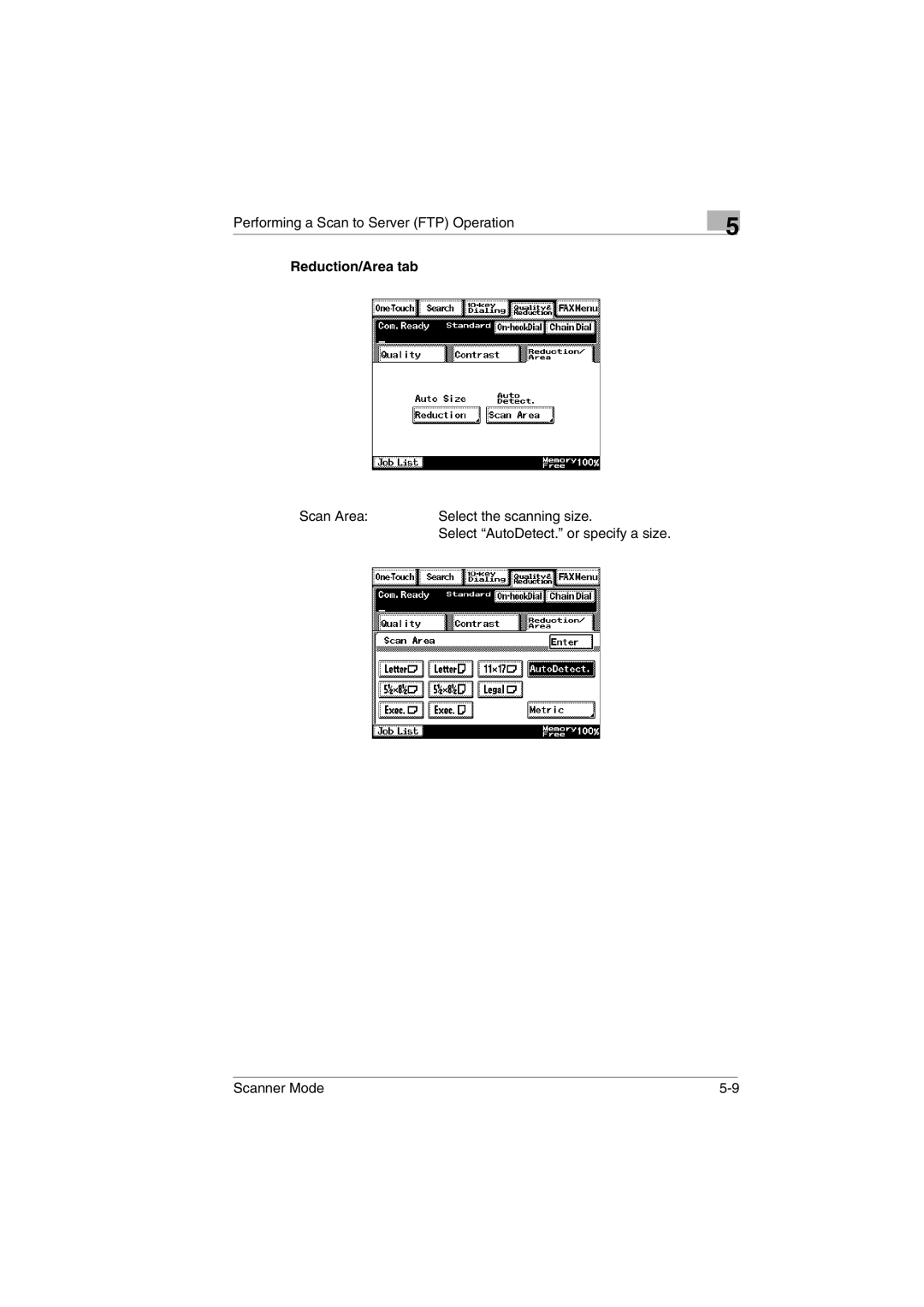 Minolta Scanner Mode user manual Reduction/Area tab 