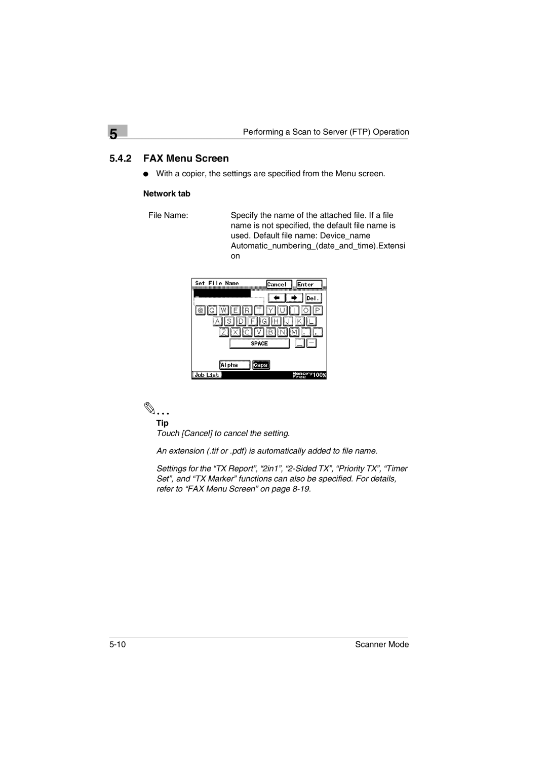 Minolta Scanner Mode user manual FAX Menu Screen 