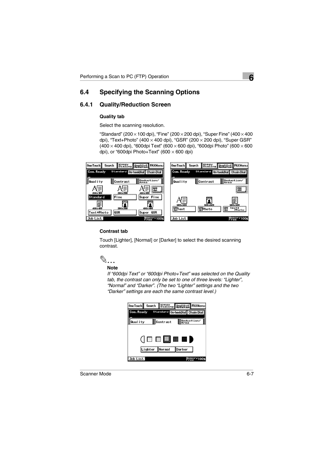 Minolta Scanner Mode user manual Specifying the Scanning Options, Quality/Reduction Screen 