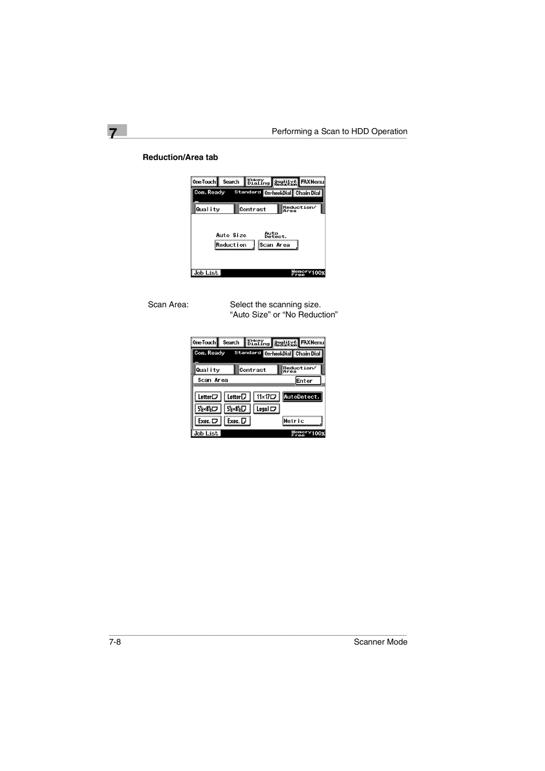 Minolta Scanner Mode user manual Scan Area Select the scanning size Auto Size or No Reduction 