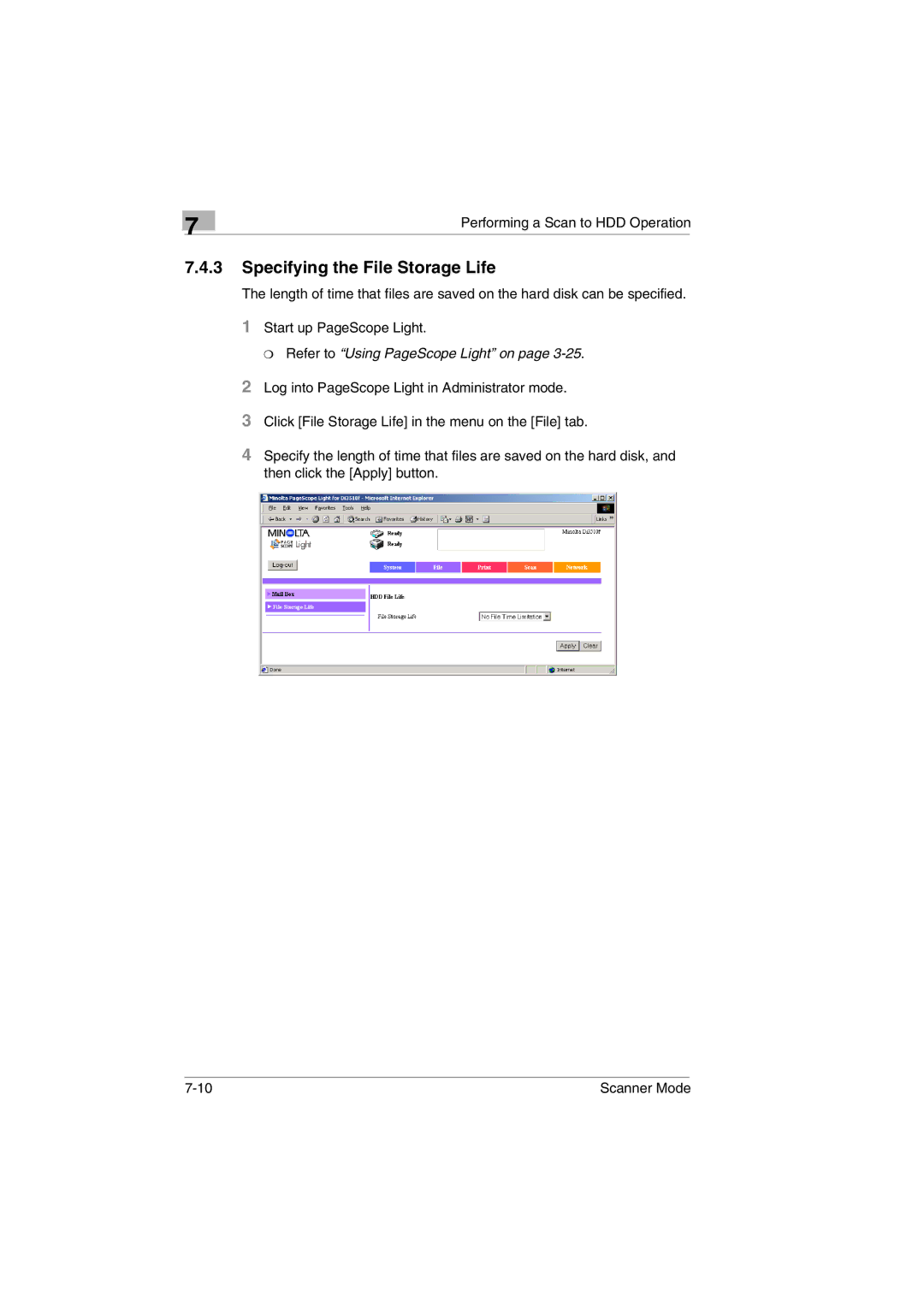 Minolta Scanner Mode user manual Specifying the File Storage Life, Refer to Using PageScope Light on 