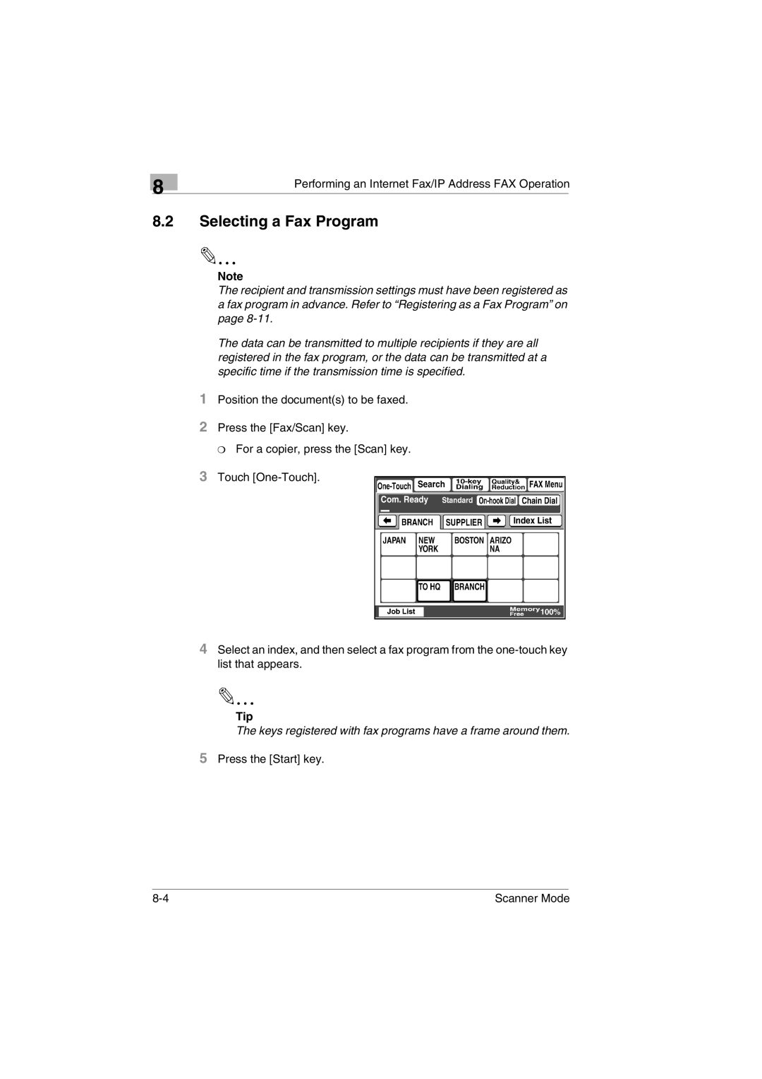 Minolta Scanner Mode user manual Selecting a Fax Program, Keys registered with fax programs have a frame around them 