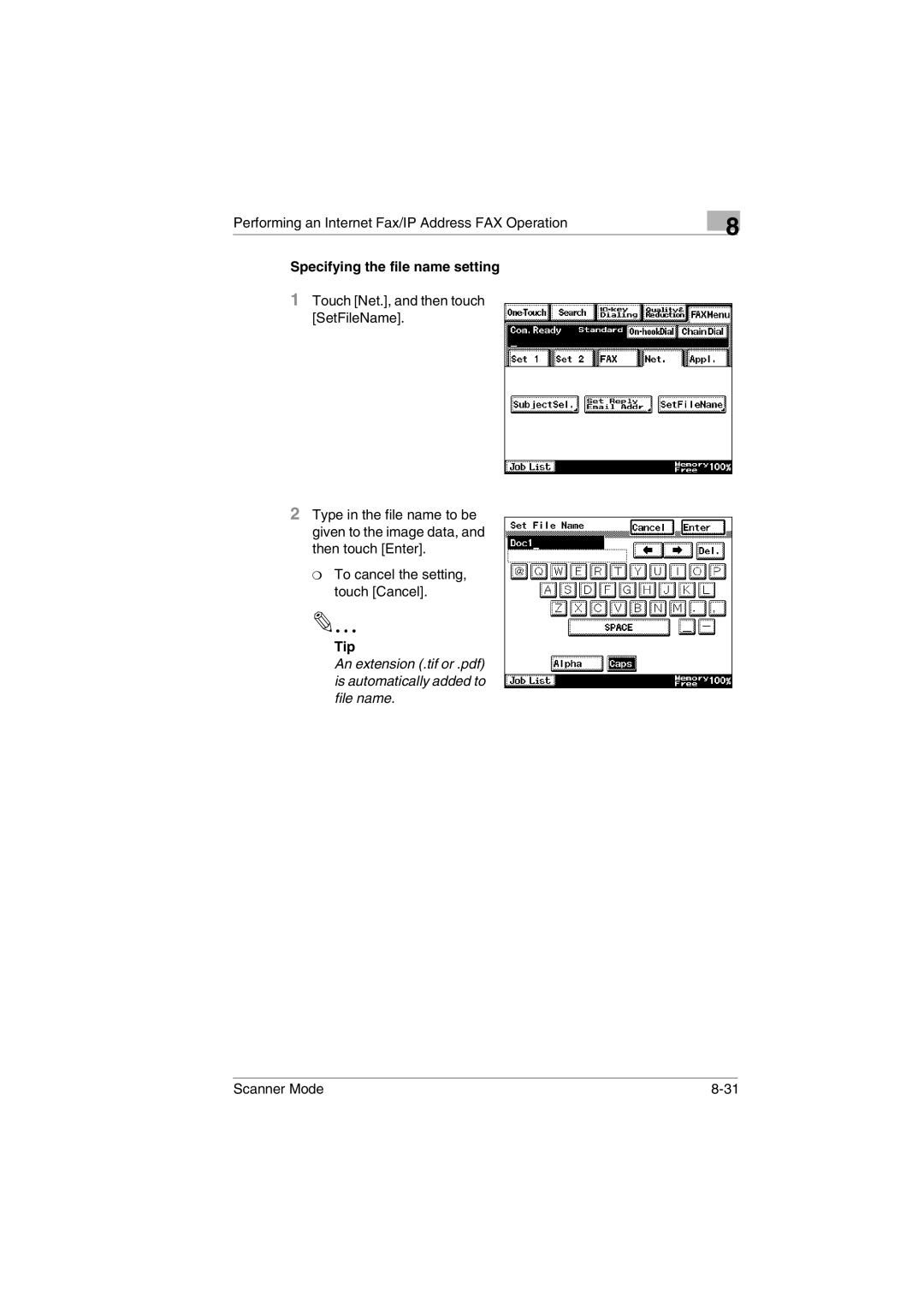 Minolta Scanner Mode user manual Specifying the file name setting, Tip 