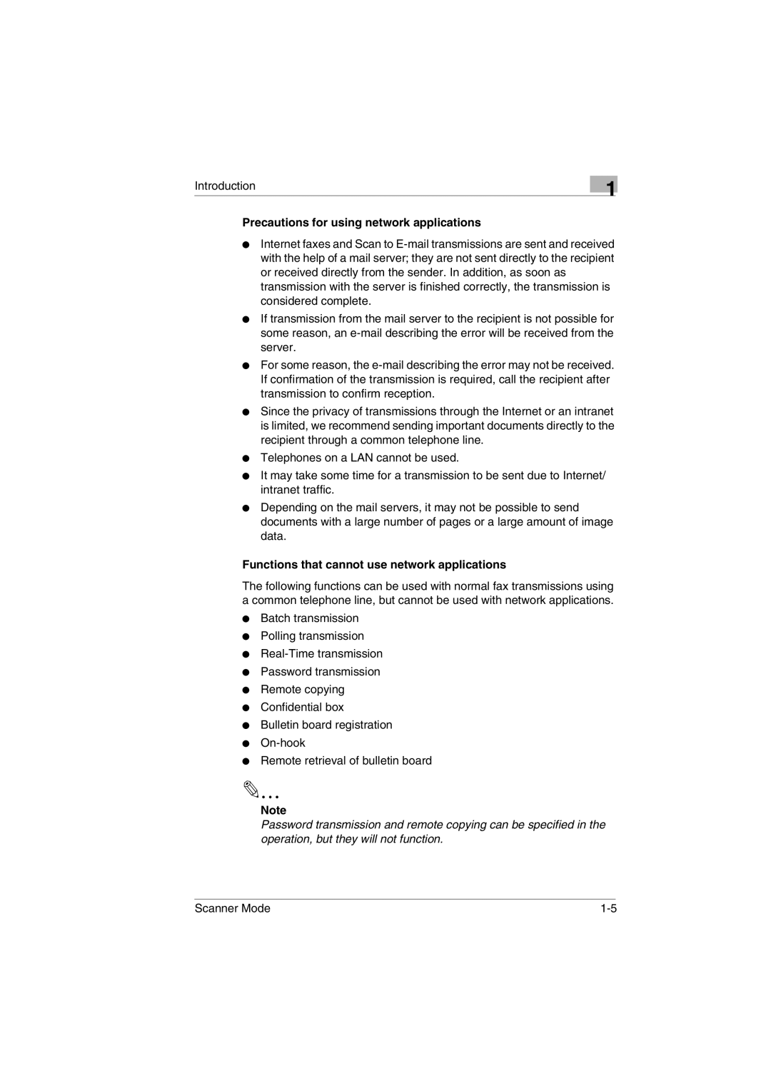 Minolta Scanner Mode user manual Precautions for using network applications, Functions that cannot use network applications 