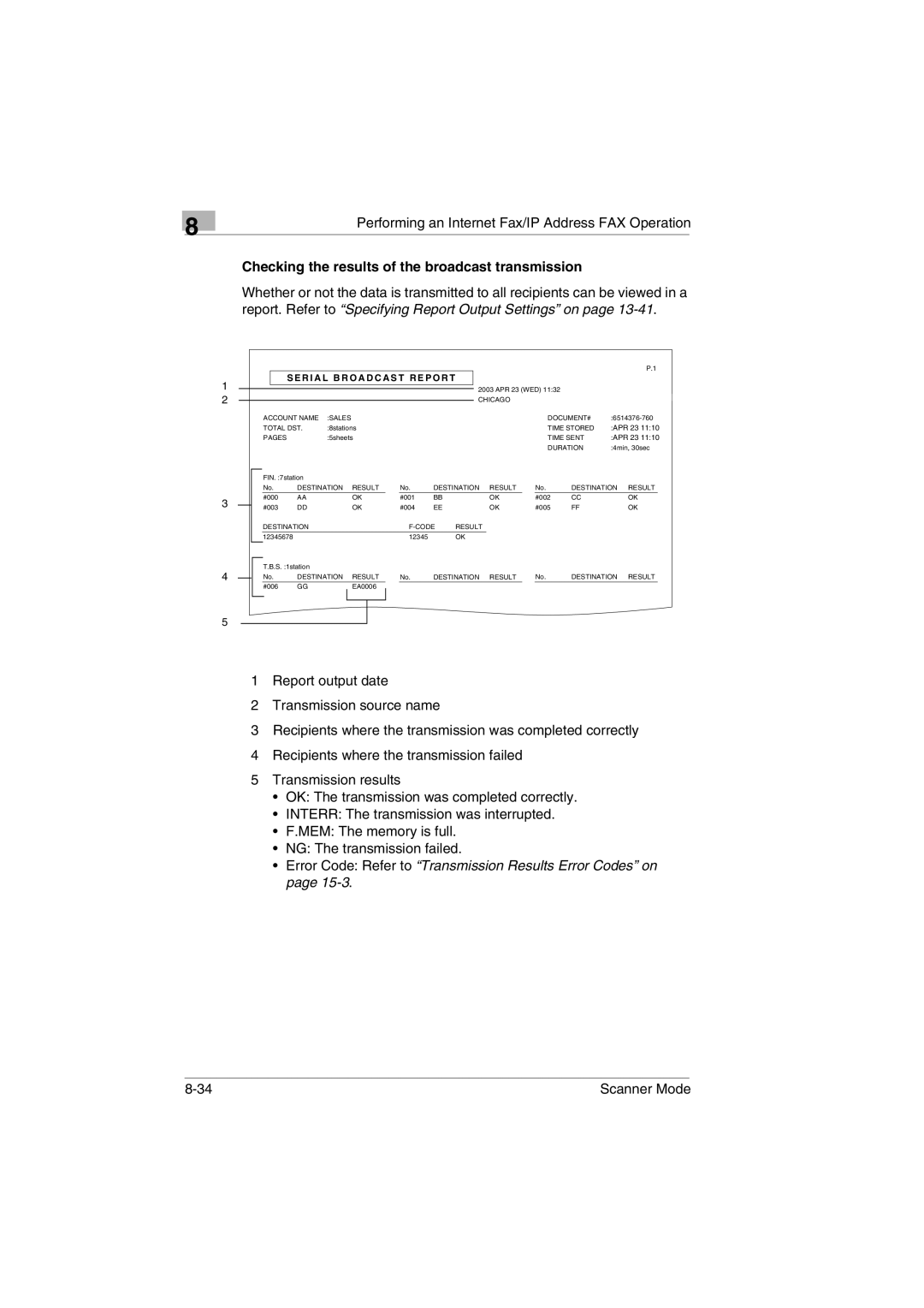 Minolta Scanner Mode user manual Checking the results of the broadcast transmission, R I a L B R O a D C a S T R E P O R T 