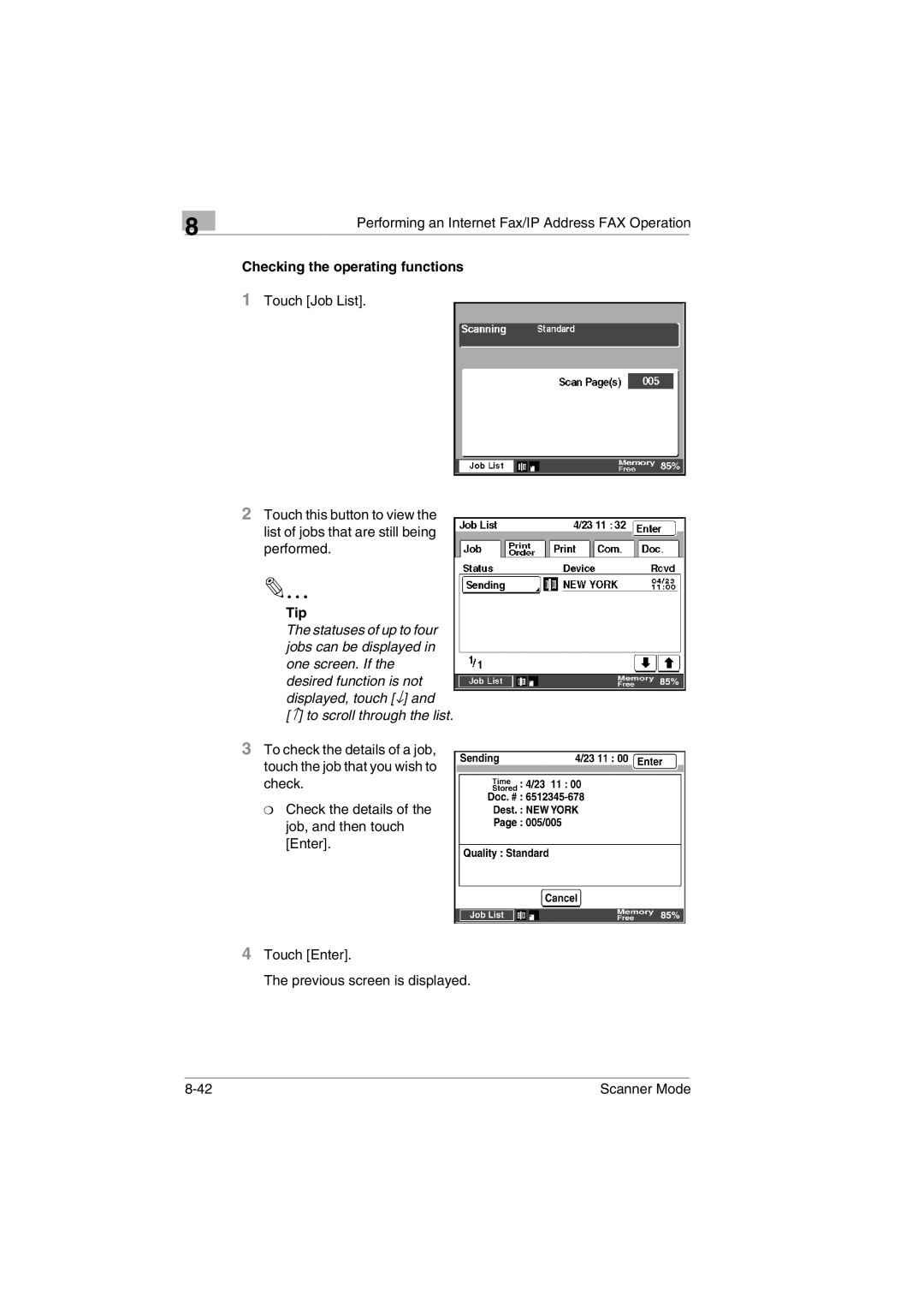 Minolta Scanner Mode user manual Checking the operating functions, ↑ to scroll through the list 