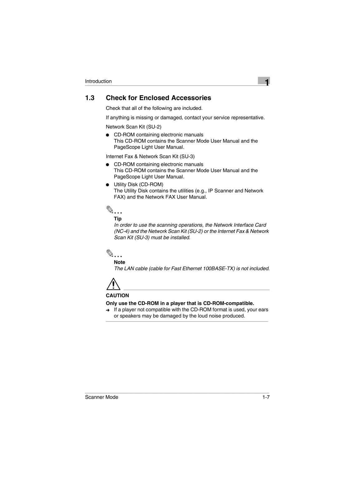 Minolta Scanner Mode Check for Enclosed Accessories, Tip, Only use the CD-ROM in a player that is CD-ROM-compatible 