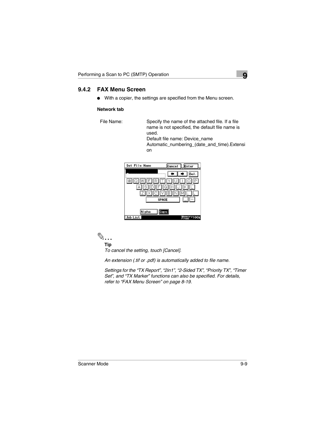 Minolta Scanner Mode user manual FAX Menu Screen 