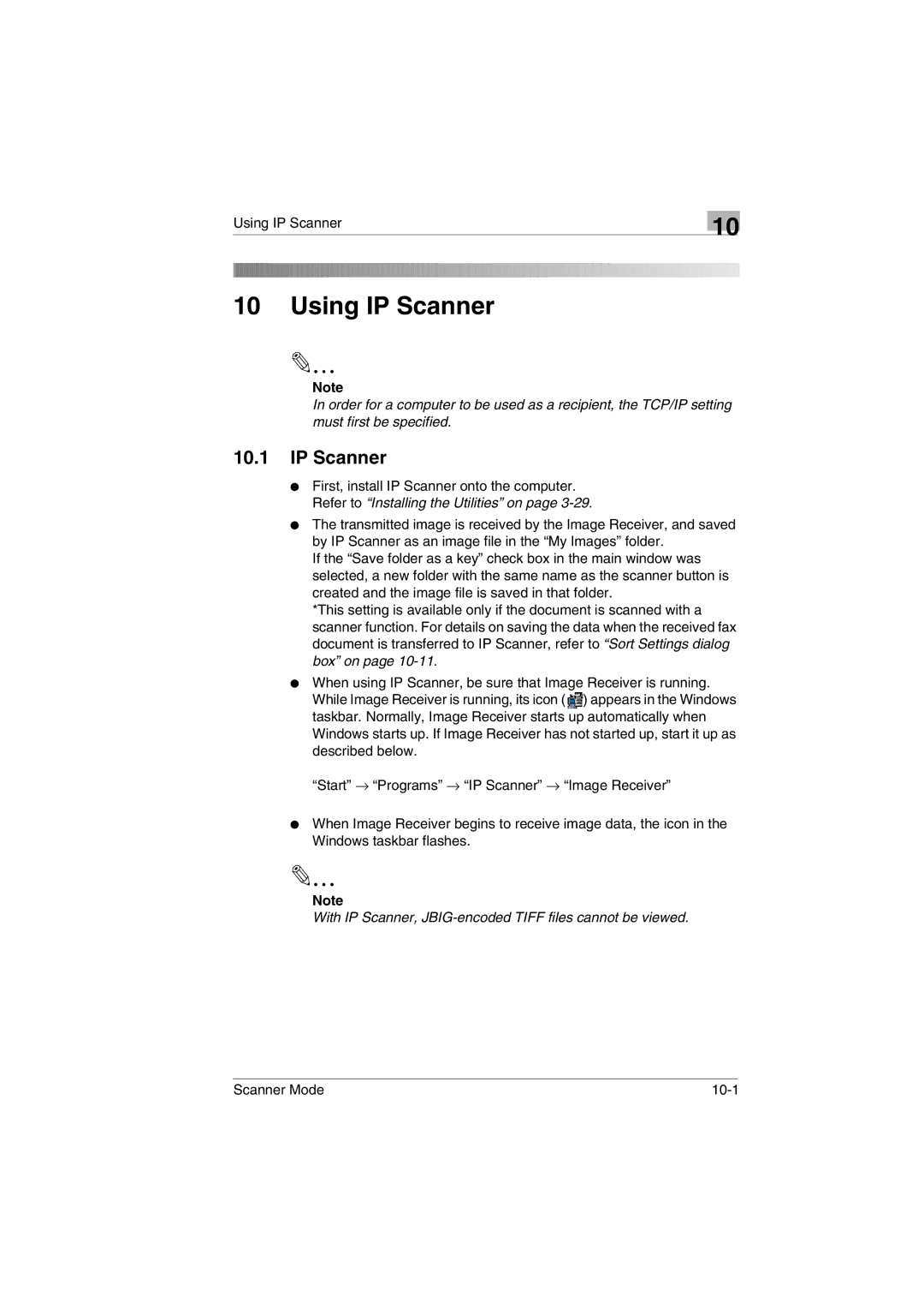 Minolta Scanner Mode user manual Using IP Scanner, With IP Scanner, JBIG-encoded Tiff files cannot be viewed 