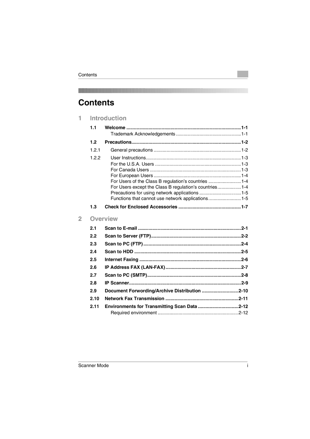 Minolta Scanner Mode user manual Contents 