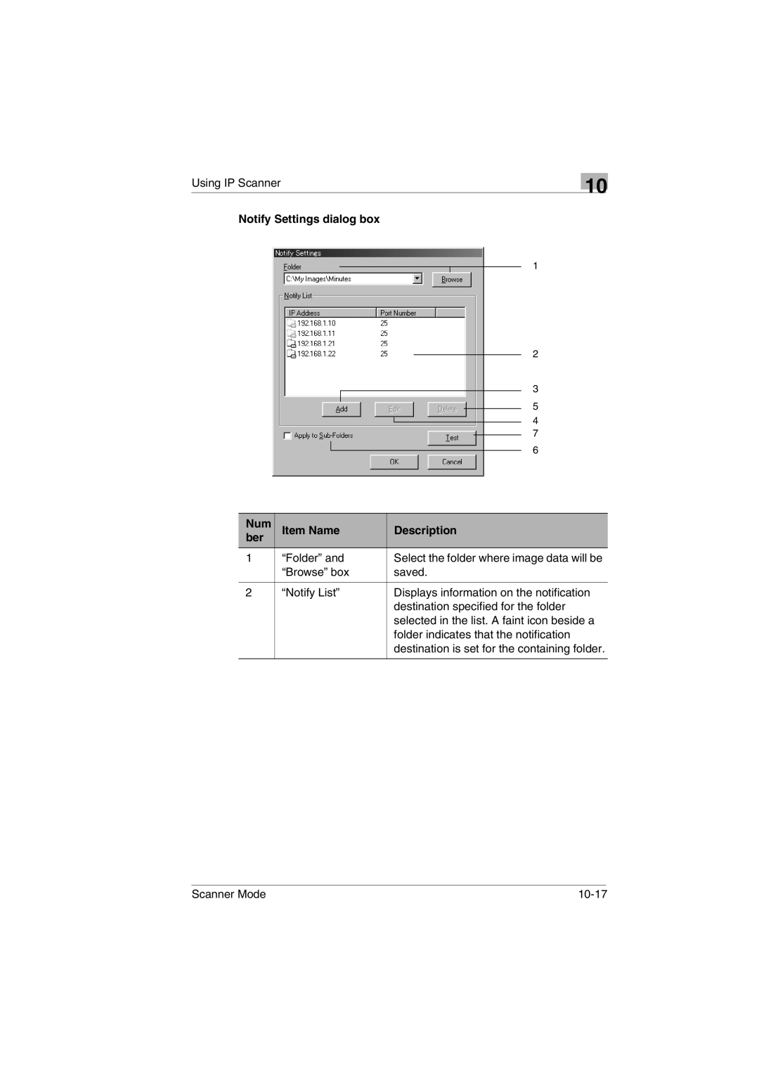 Minolta Scanner Mode user manual Notify Settings dialog box Num Item Name Description Ber 