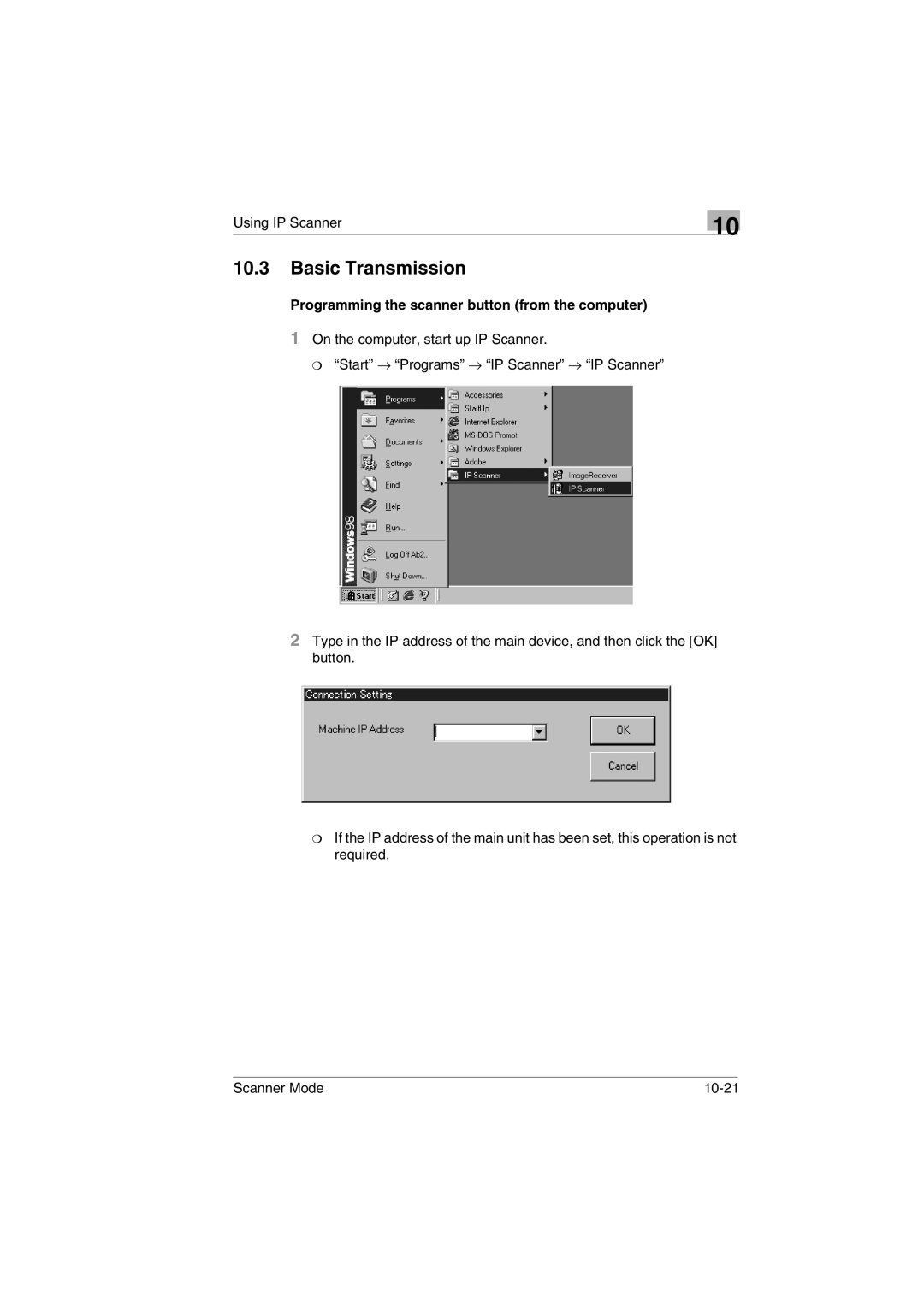 Minolta Scanner Mode user manual Basic Transmission, Programming the scanner button from the computer 