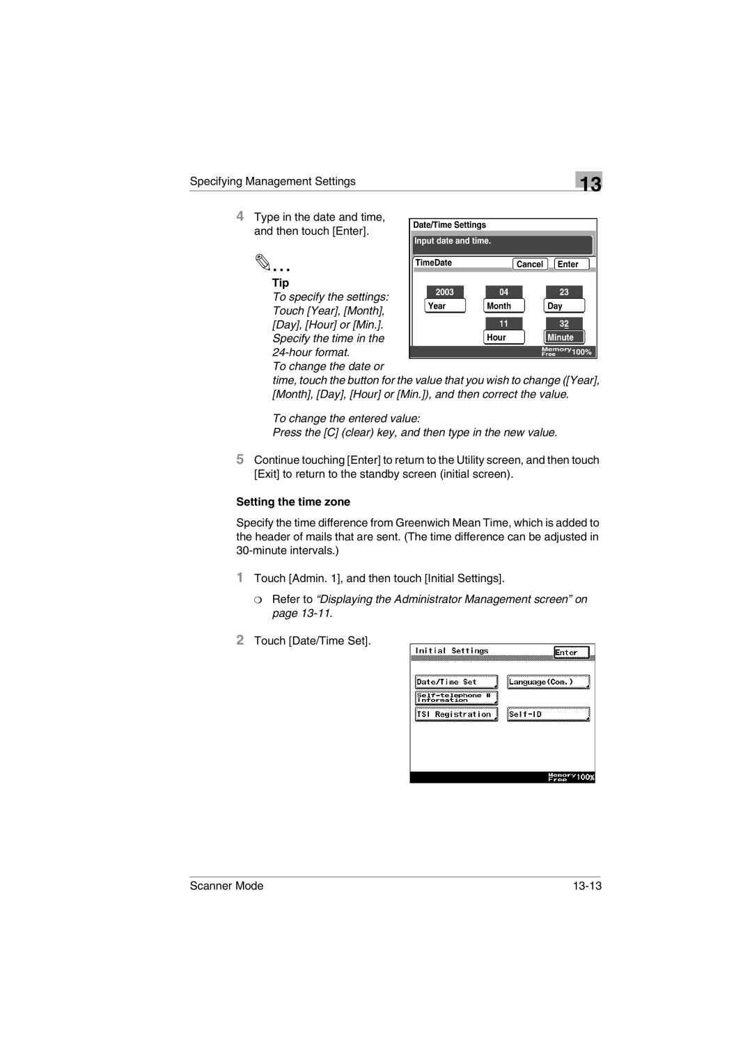 Minolta user manual Touch Date/Time Set Scanner Mode 13-13 