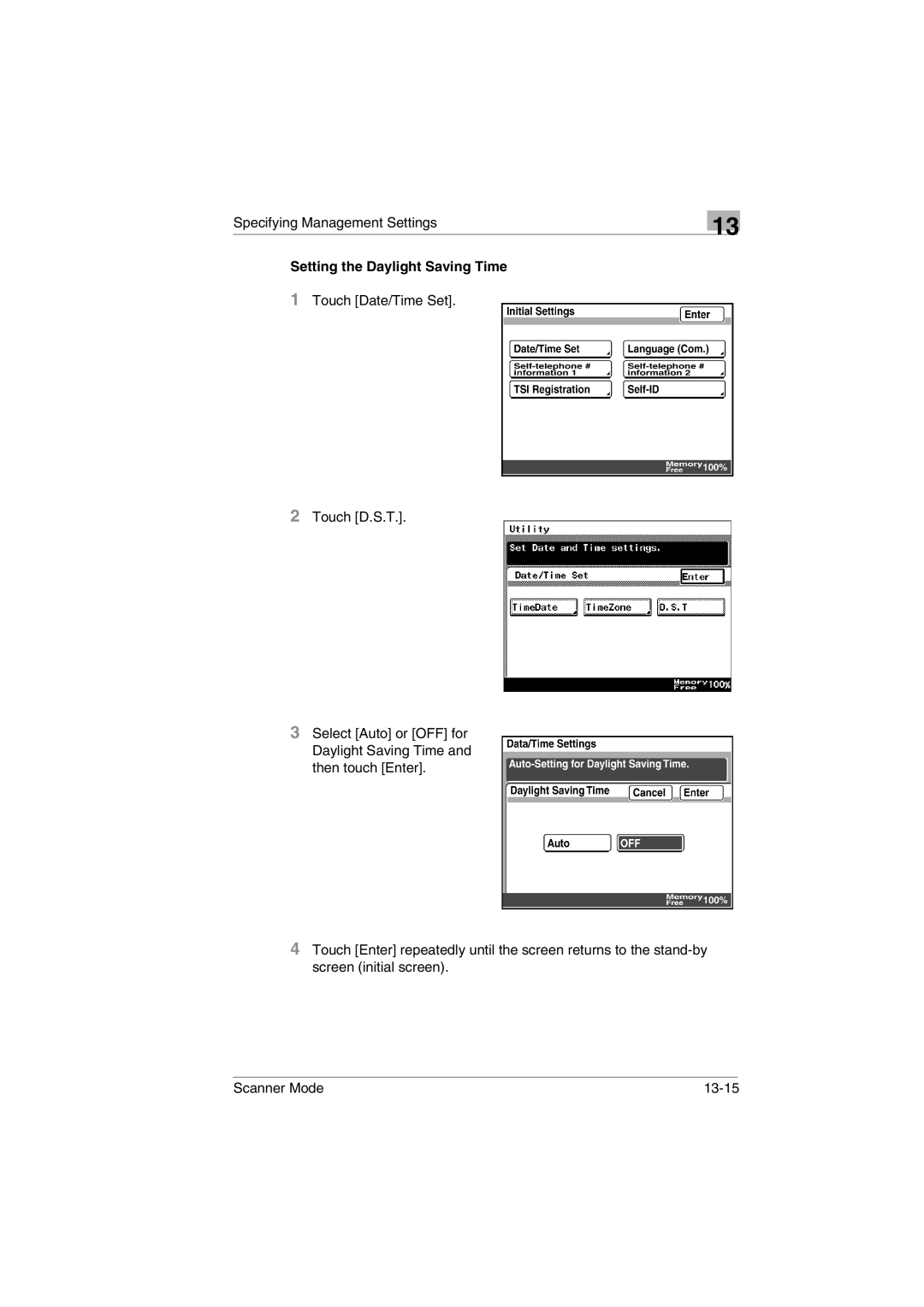 Minolta Scanner Mode user manual Setting the Daylight Saving Time 