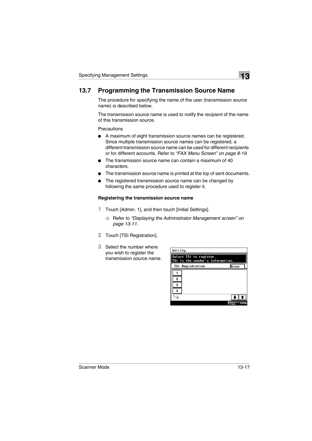 Minolta Scanner Mode user manual Programming the Transmission Source Name, Registering the transmission source name 