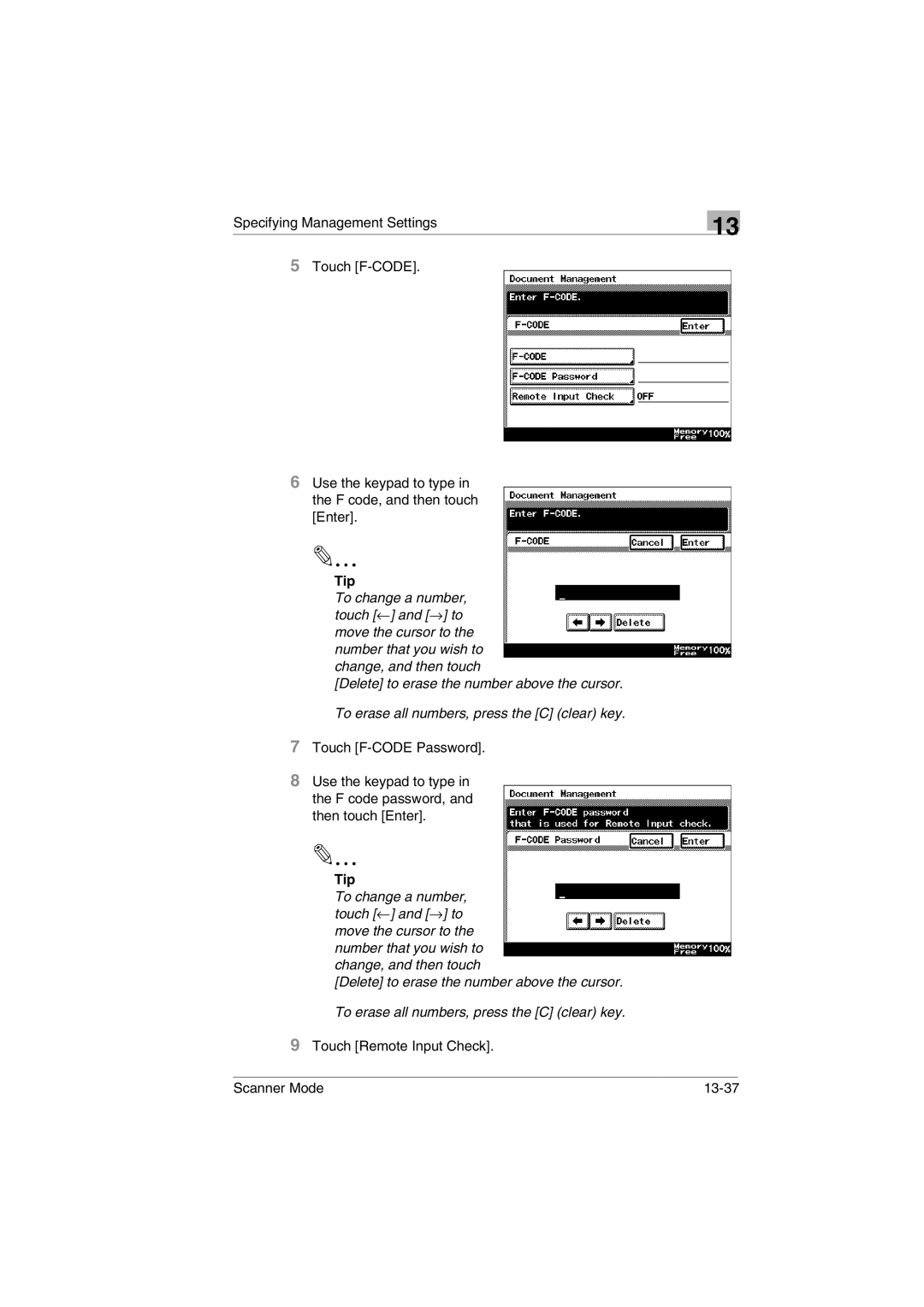 Minolta user manual Touch Remote Input Check Scanner Mode 13-37 