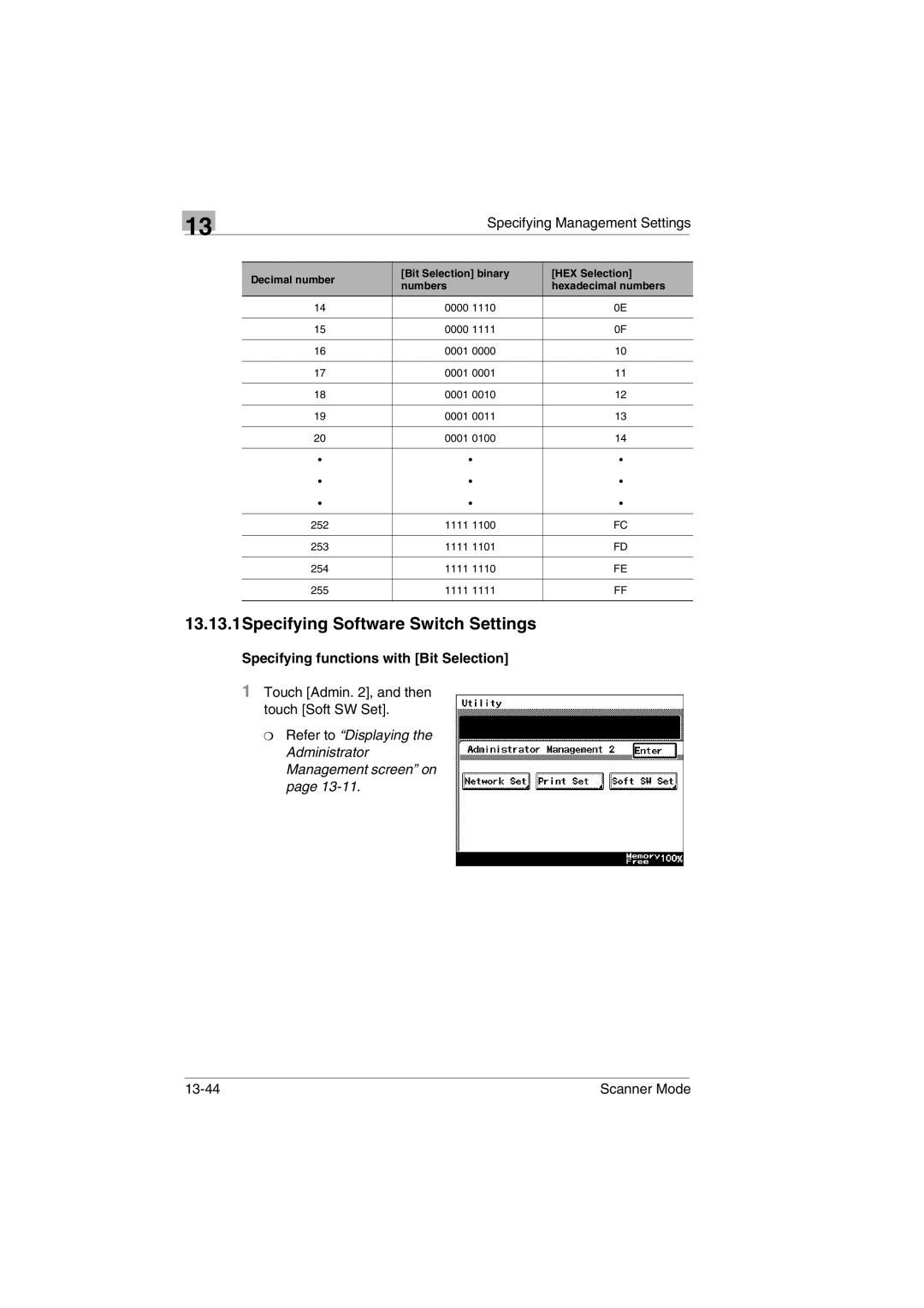 Minolta Scanner Mode user manual 13.13.1Specifying Software Switch Settings, Specifying functions with Bit Selection 