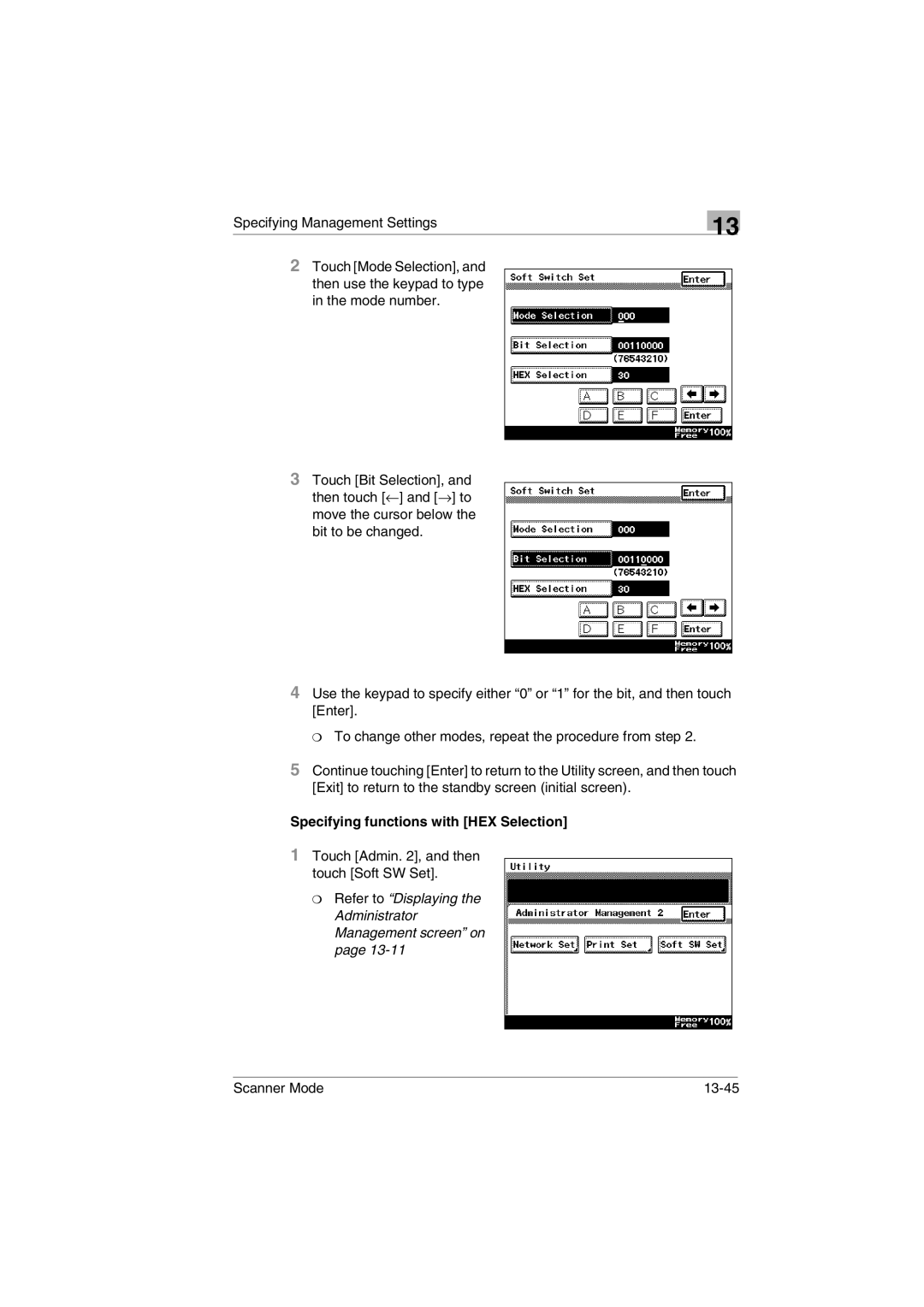 Minolta Scanner Mode user manual Specifying functions with HEX Selection 