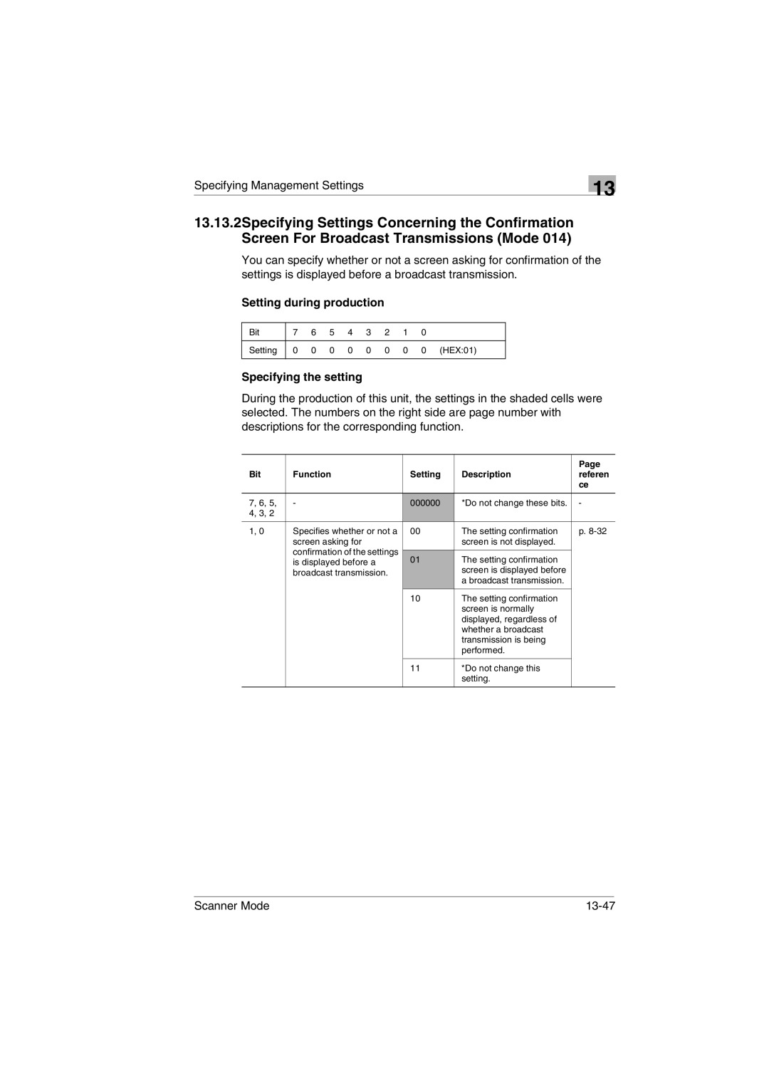 Minolta Scanner Mode user manual Setting during production, Bit Function Setting Description Referen 