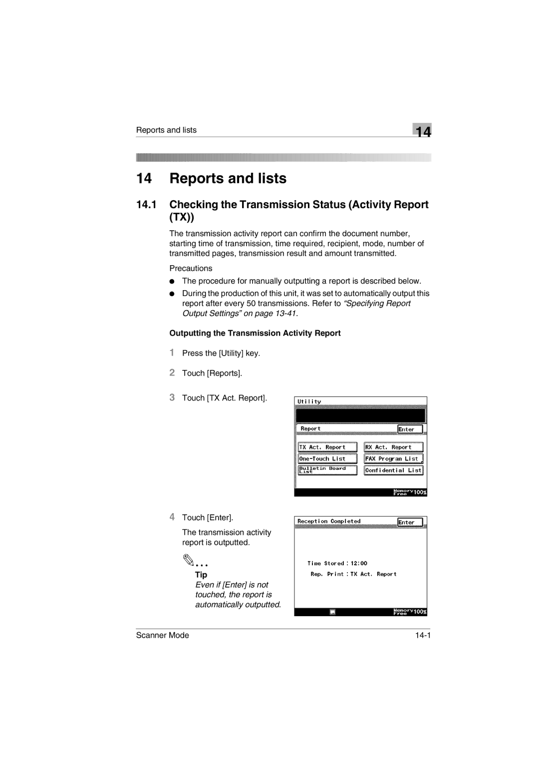 Minolta Scanner Mode user manual Reports and lists, Checking the Transmission Status Activity Report TX 