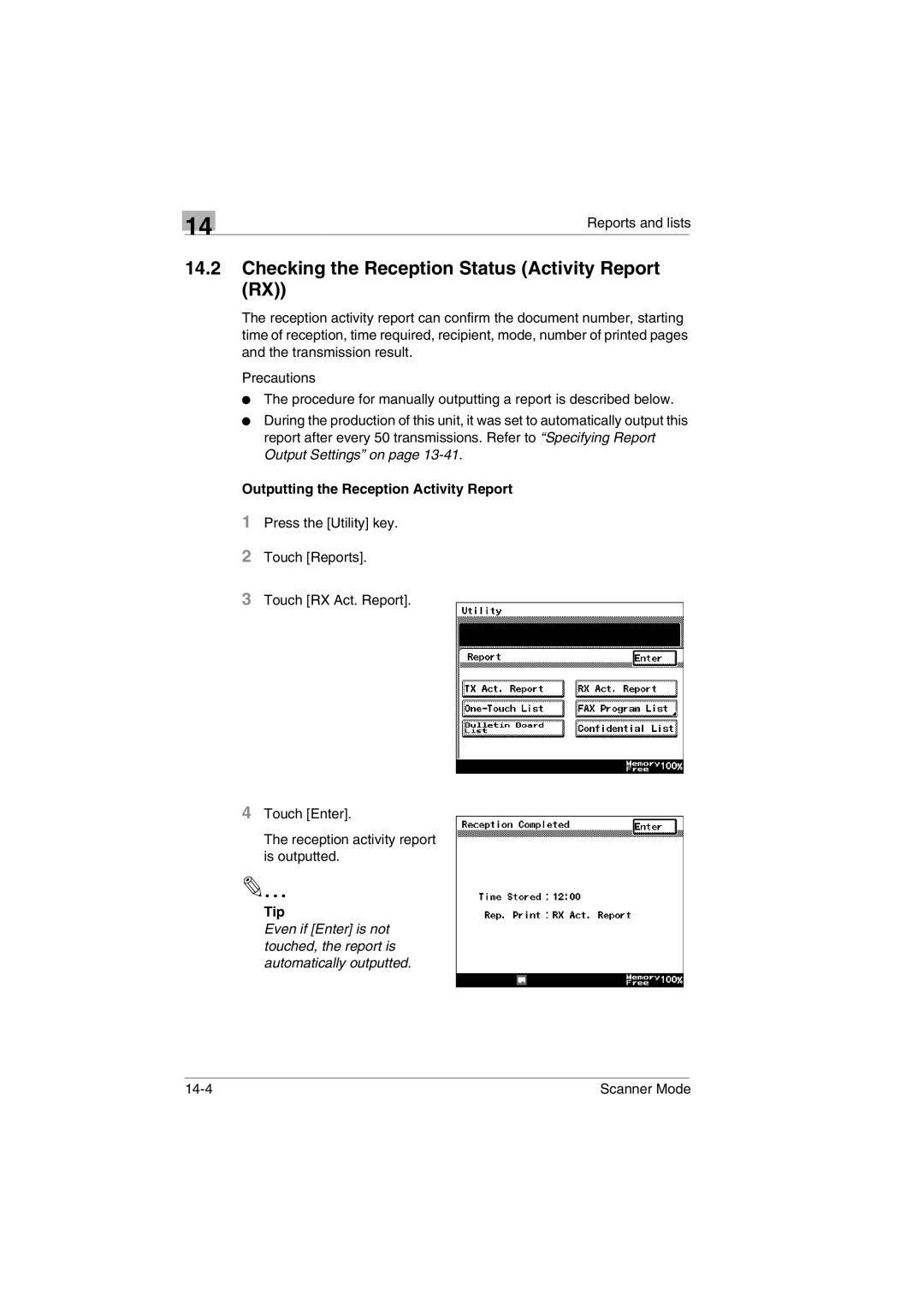 Minolta Scanner Mode user manual Checking the Reception Status Activity Report RX, Outputting the Reception Activity Report 