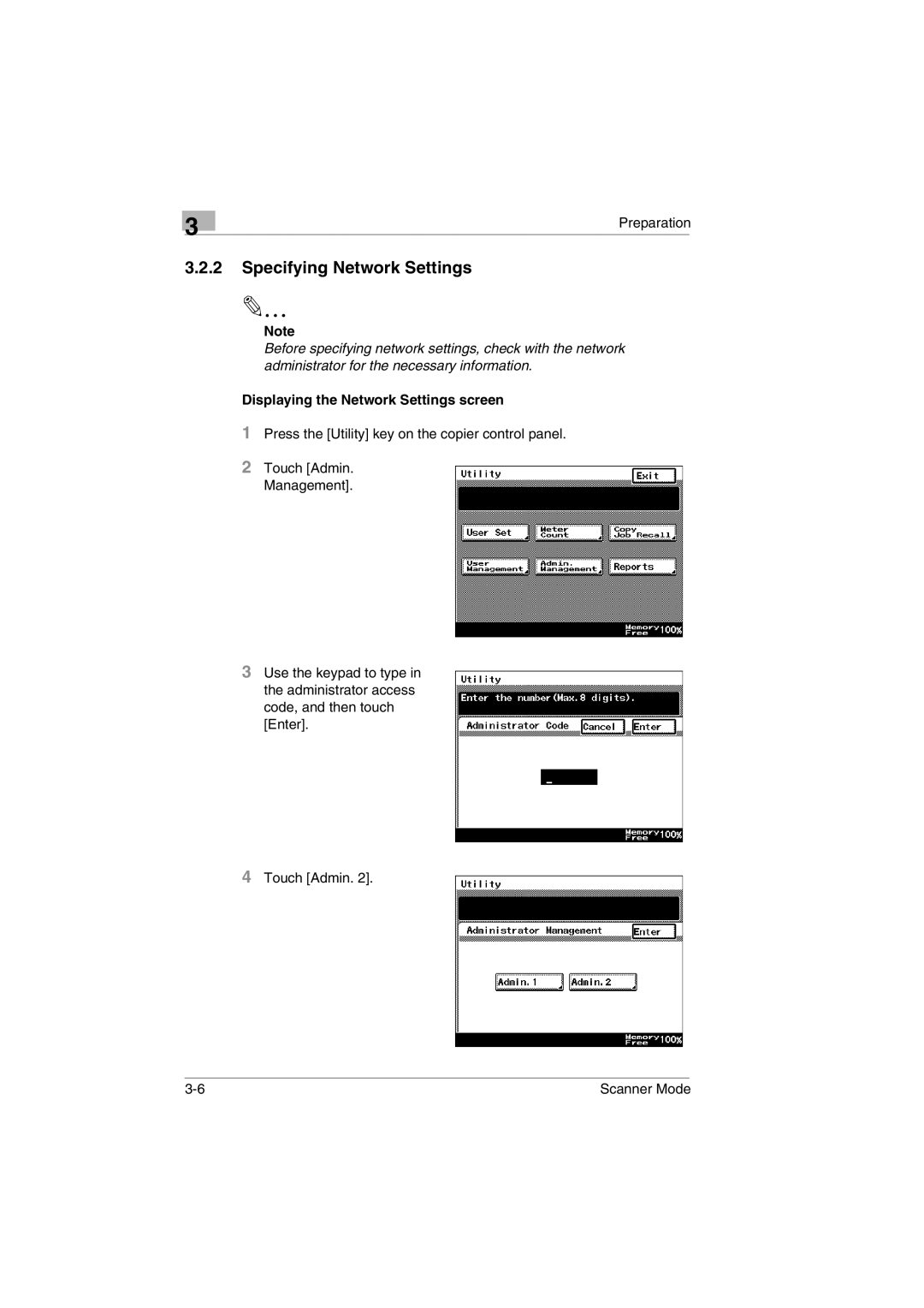 Minolta Scanner Mode user manual Specifying Network Settings, Displaying the Network Settings screen 