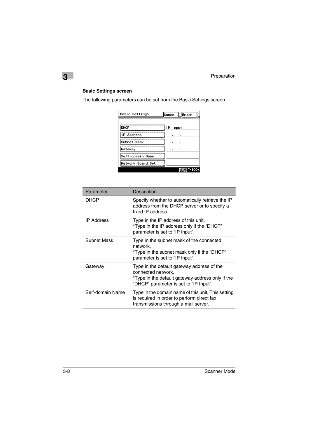 Minolta Scanner Mode user manual Basic Settings screen, Dhcp 